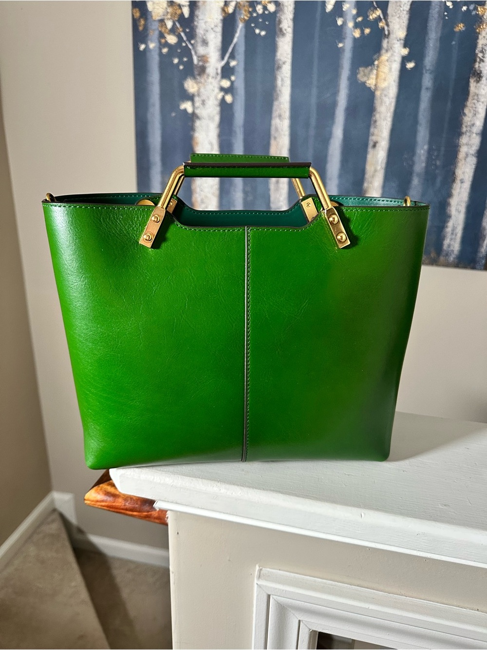 Structured Green Tote Bag with Gold Hardware Leather